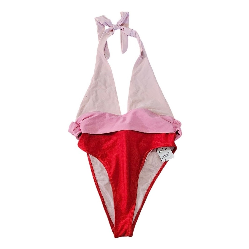 Forever 21 Colorblock One Piece Swimsuit Blush Pink Red Halter Neck Small New